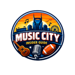 Music City Insider Guide logo featuring the Nashville skyline, guitar, microphone, and football representing concerts, sports, and live events in Nashville, Tennessee.