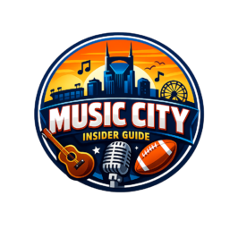 Music City Insider Guide logo featuring the Nashville skyline, guitar, microphone, and football representing concerts, sports, and live events in Nashville, Tennessee.