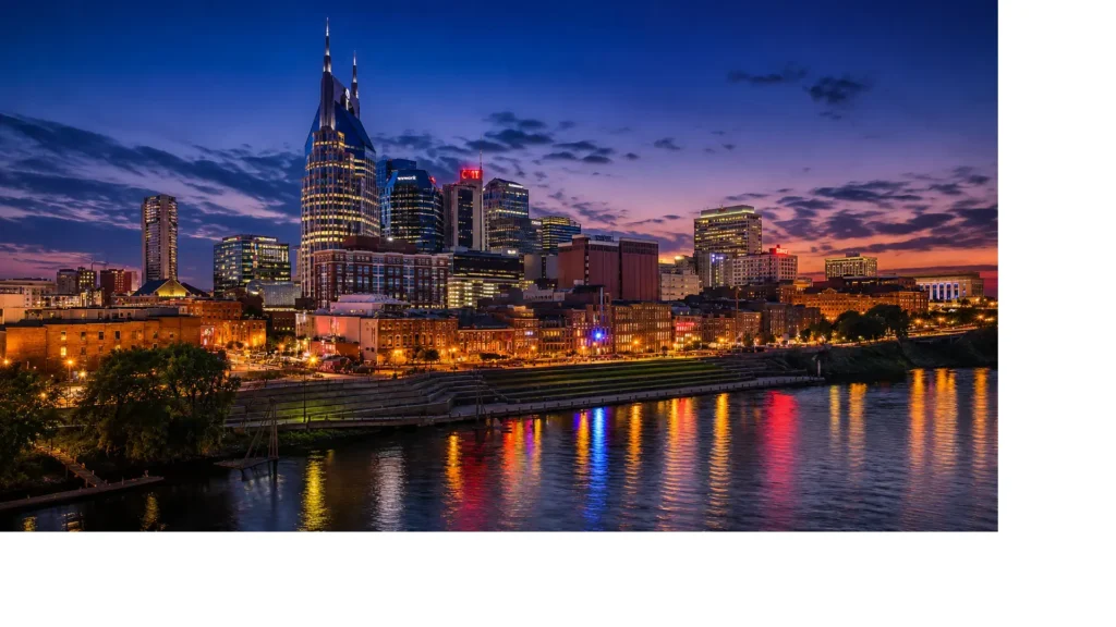 Nashville skyline at dusk overlooking the Cumberland River