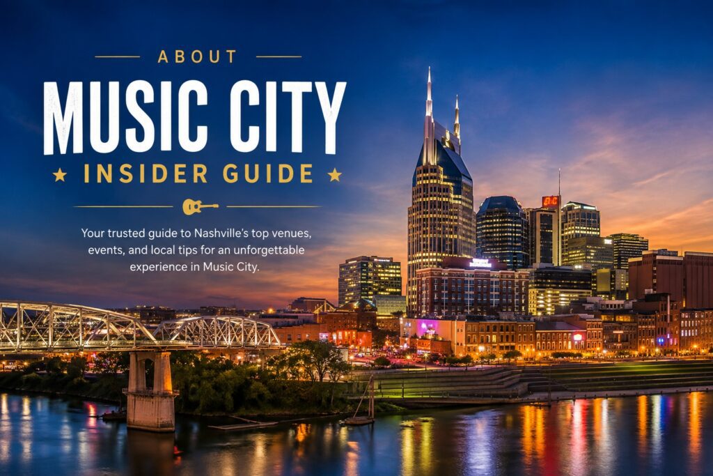 About Music City Insider Guide hero image featuring the Nashville skyline and local event guide branding