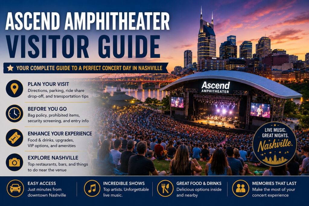 Ascend Amphitheater Visitor Guide with downtown Nashville skyline at sunset