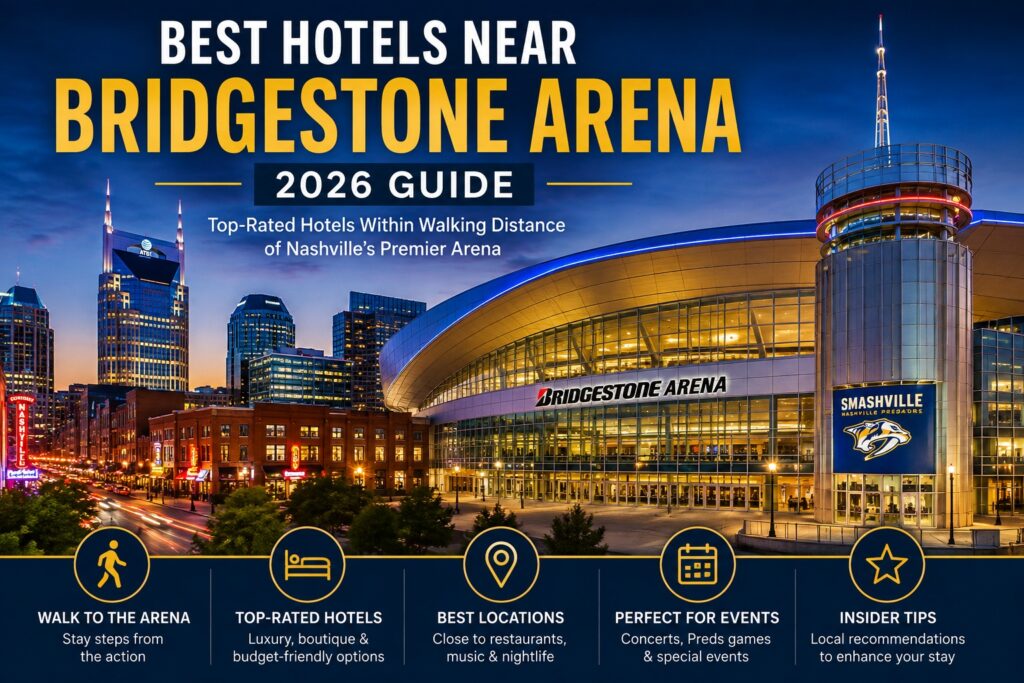 Best Hotels Near Bridgestone Arena featuring downtown Nashville skyline and top-rated hotels within walking distance of the arena.