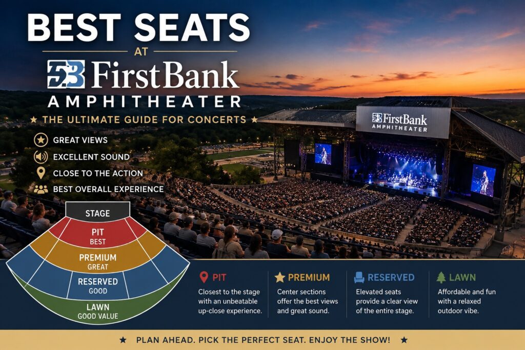 Best Seats at FirstBank Amphitheater seating guide showing the concert venue, stage, audience, and recommended seating sections in Franklin, Tennessee.