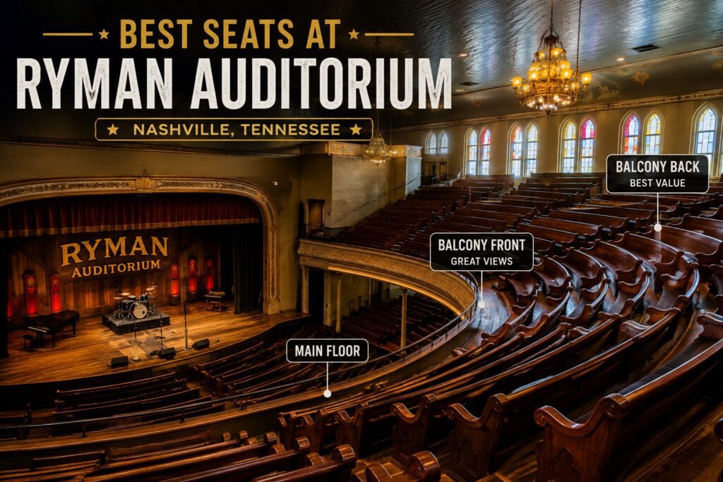 Best Seats at Ryman Auditorium seating guide showing the main floor and balcony sections
