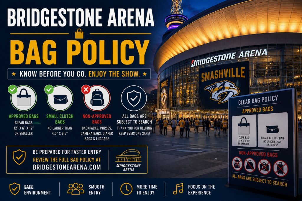 Bridgestone Arena bag policy guide showing approved bags, prohibited items, and entry requirements for concerts and Nashville Predators games.