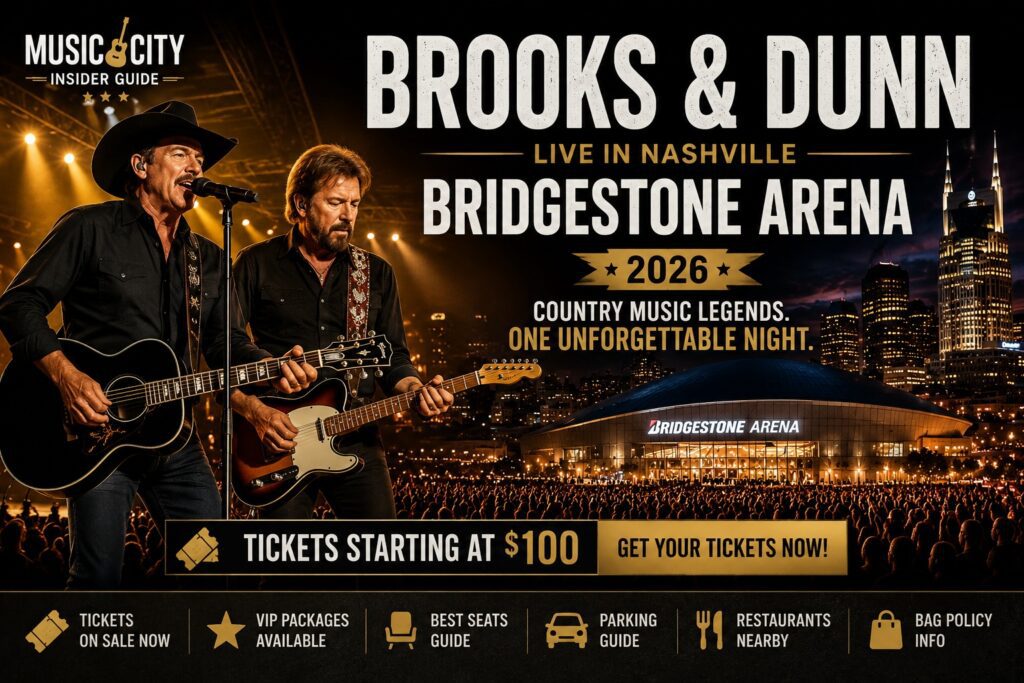 Brooks & Dunn performing live at Bridgestone Arena in Nashville during their 2026 country music concert.