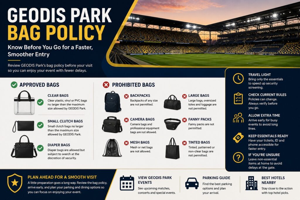 GEODIS Park bag policy guide showing approved bags, prohibited items, and entry tips for Nashville SC matches and concerts.