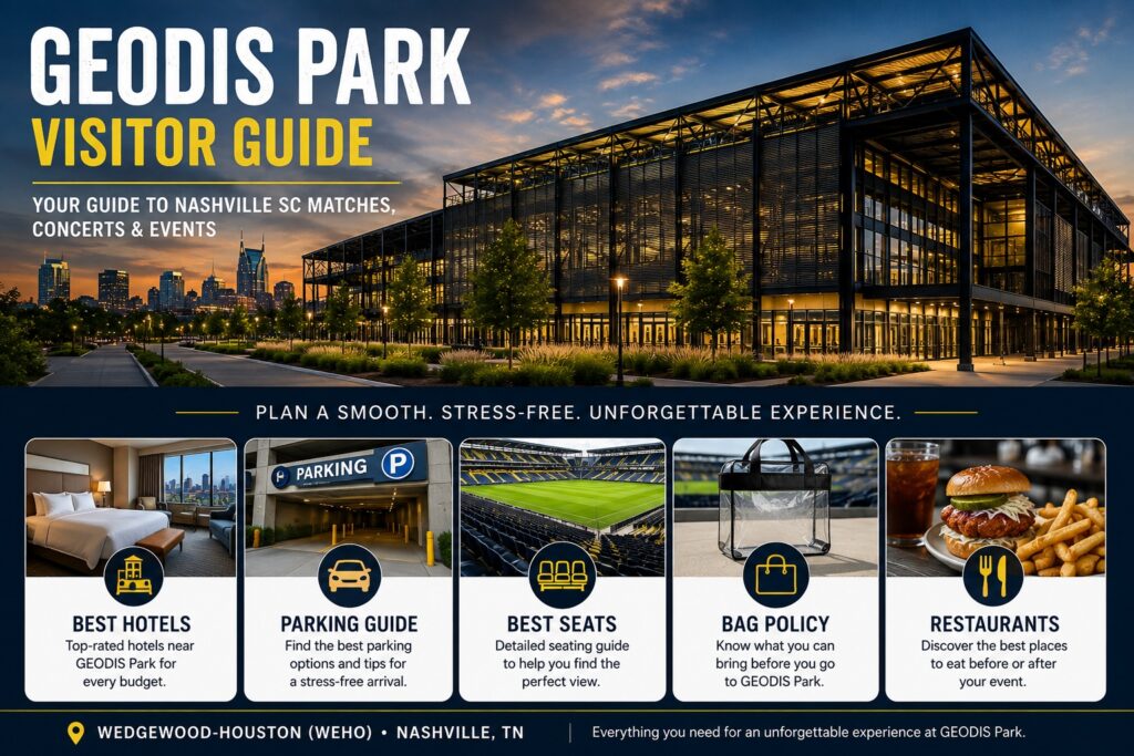 GEODIS Park visitor guide featuring hotels, parking, seating, bag policy, and restaurants for Nashville SC matches, concerts, and special events.