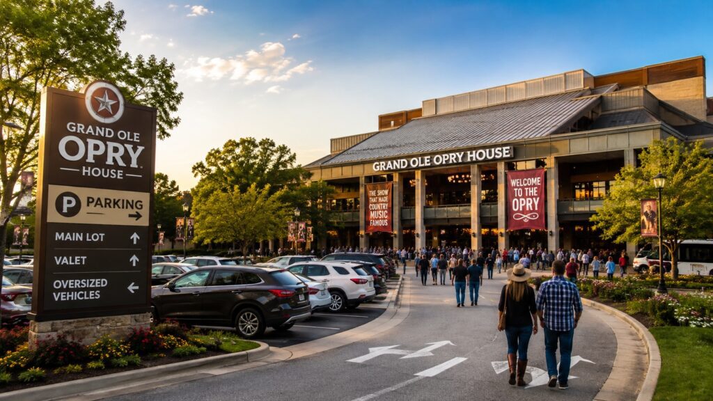 Visitors arriving at the Grand Ole Opry House parking lot before a live country music performance in Nashville.