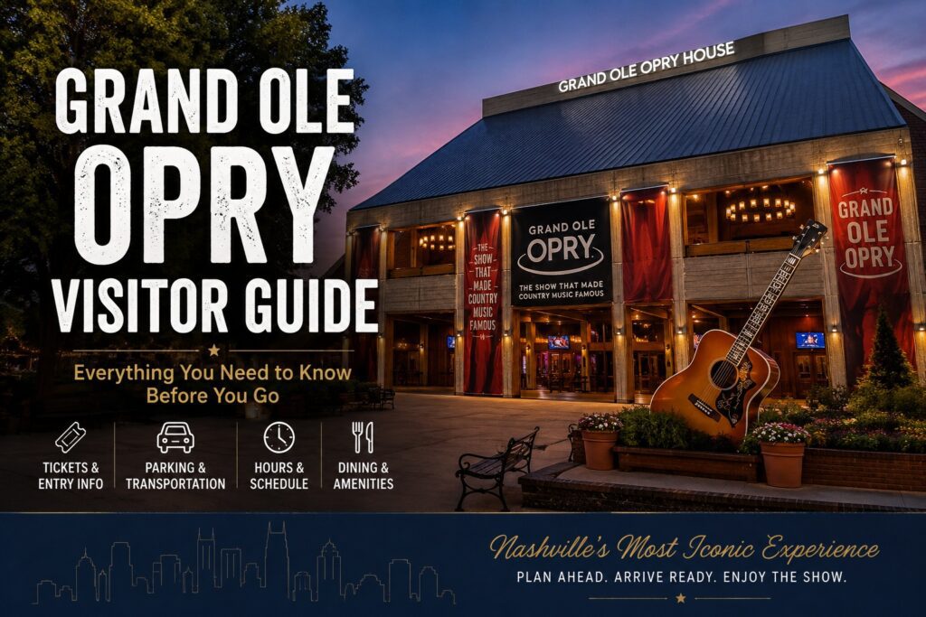 Grand Ole Opry House visitor guide hero image showing the iconic Nashville venue at dusk with entrance, guitar sculpture, and visitor information.