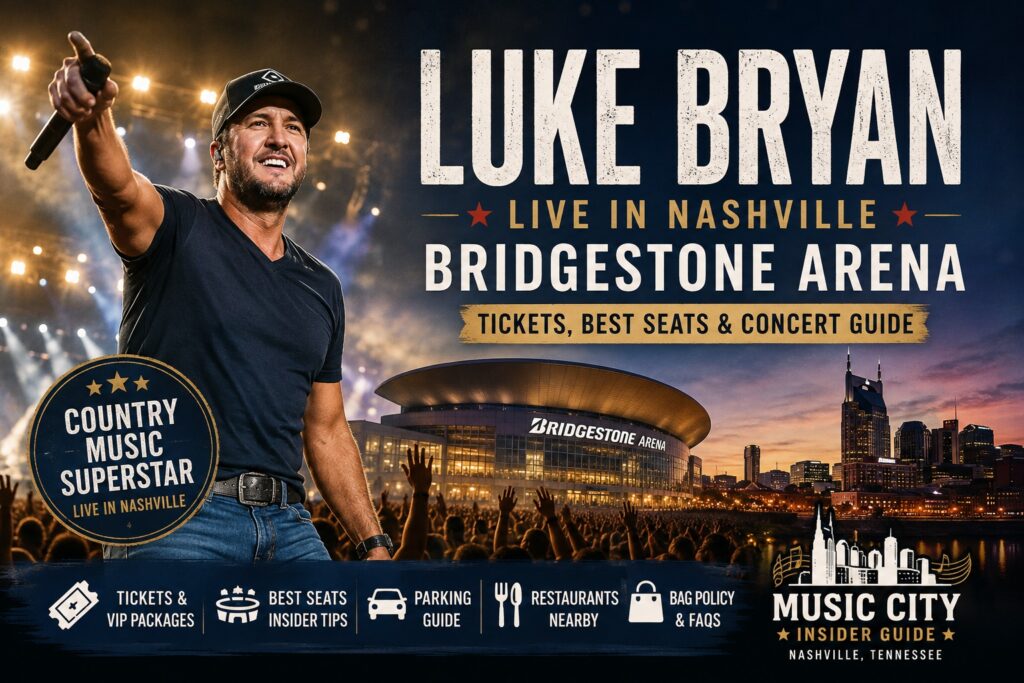 Luke Bryan performing live at Bridgestone Arena in Nashville during his 2026 country music concert.