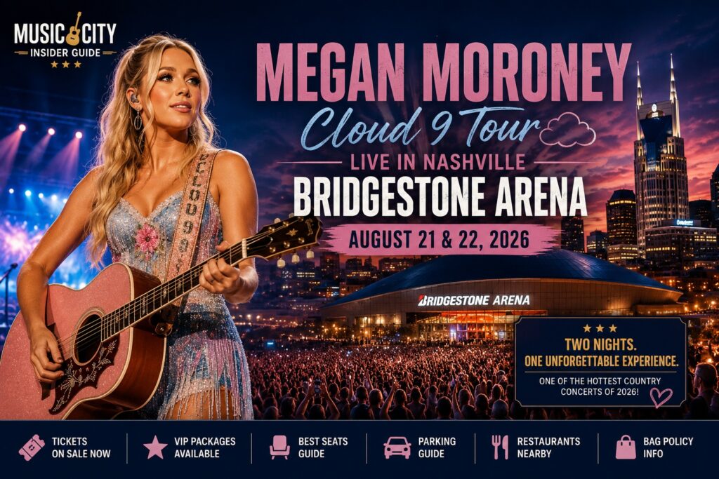 Megan Moroney performing at Bridgestone Arena in Nashville during her 2026 Cloud 9 Tour concert.