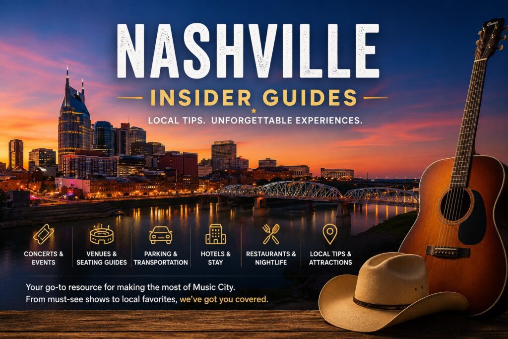 Nashville skyline at sunset promoting Nashville Insider Guides with local tips for concerts, hotels, restaurants, parking, attractions, and venue guides.
