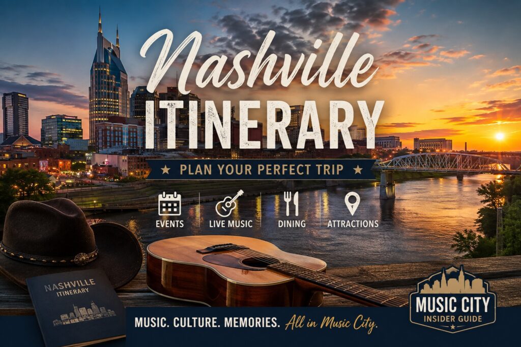 Nashville skyline at sunset with a travel itinerary, guitar, and cowboy hat representing a complete Nashville. Nashville Weekend Itinerary for a Perfect 3-Day Trip itinerary guide for visitors.