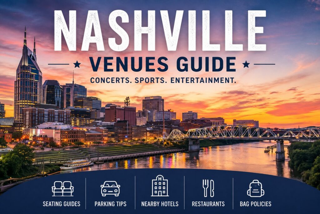 Nashville Venues Guide featuring concert venues, sports venues, seating guides, parking, hotels, restaurants, and bag policies