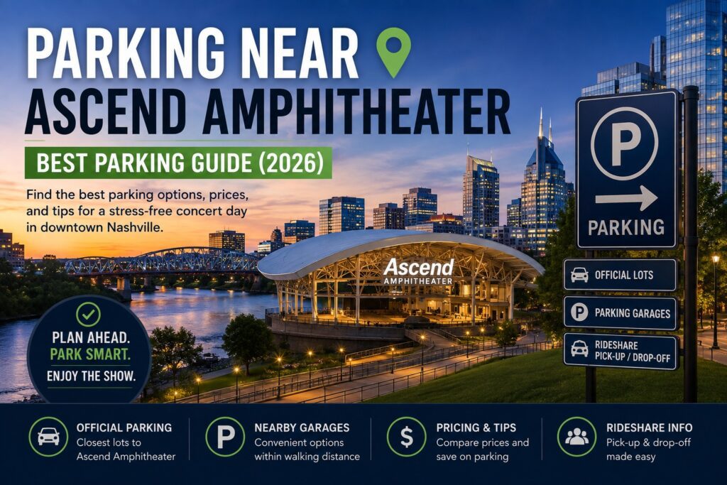 Parking Near Ascend Amphitheater Best Parking Guide 2026 showing official parking, nearby garages, rideshare locations, and downtown Nashville.