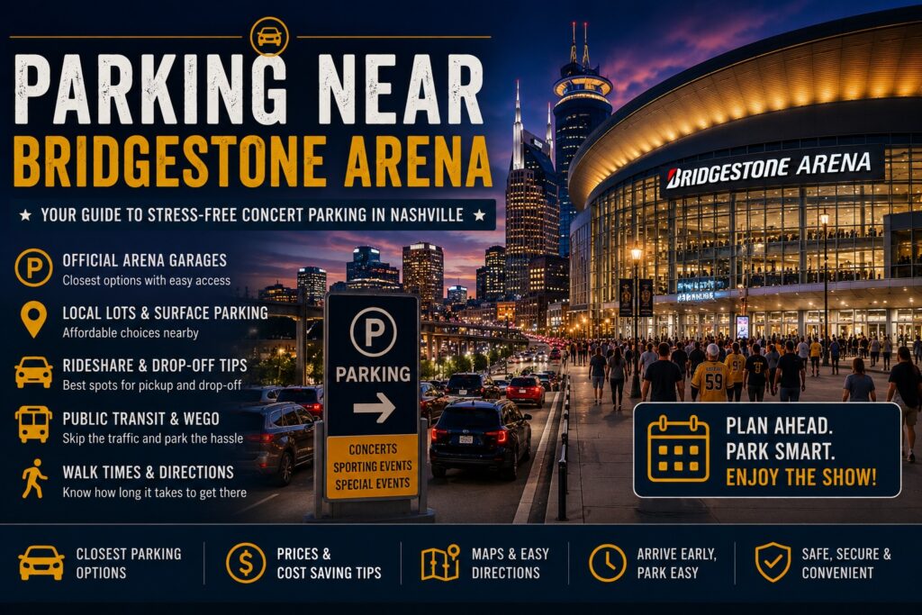Parking near Bridgestone Arena with garages, surface lots, and transportation options for concerts and Nashville Predators games.