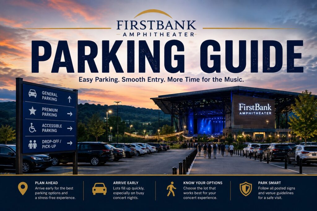 Parking Near FirstBank Amphitheater showing the venue entrance, parking lots, directional signs, and concertgoers arriving in Franklin, Tennessee.