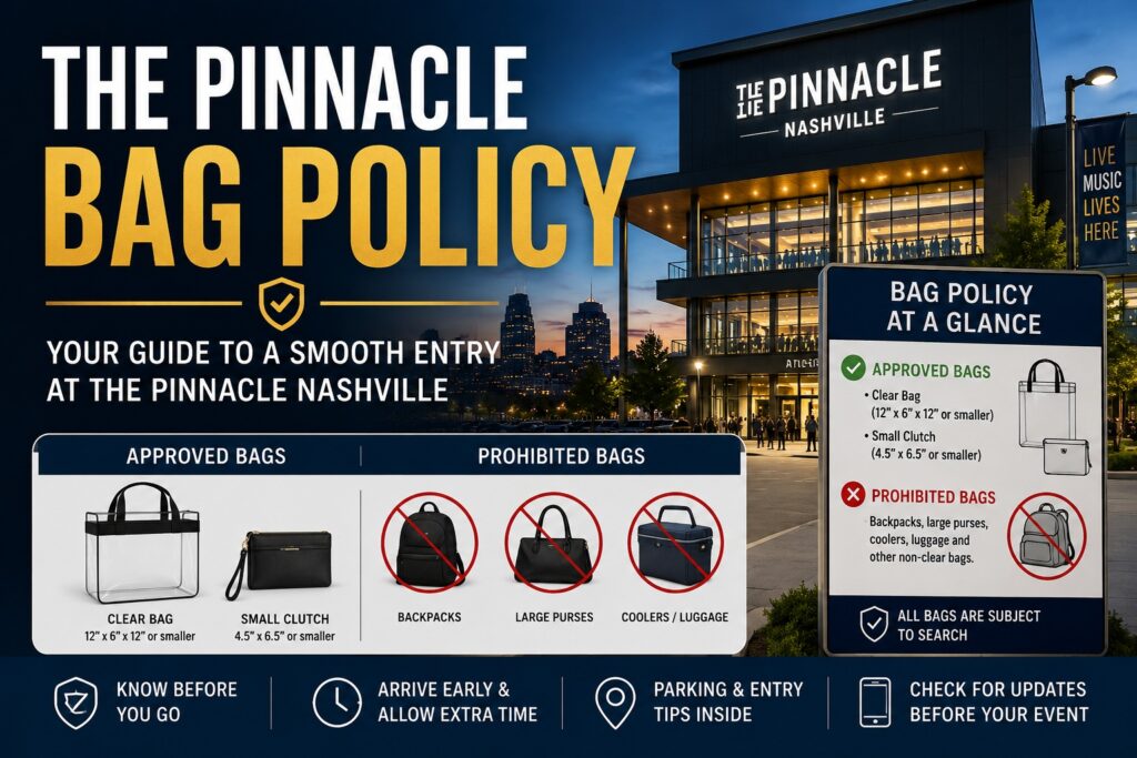 The Pinnacle Bag Policy showing approved bags, prohibited items, and entry guidelines for concerts in Nashville
